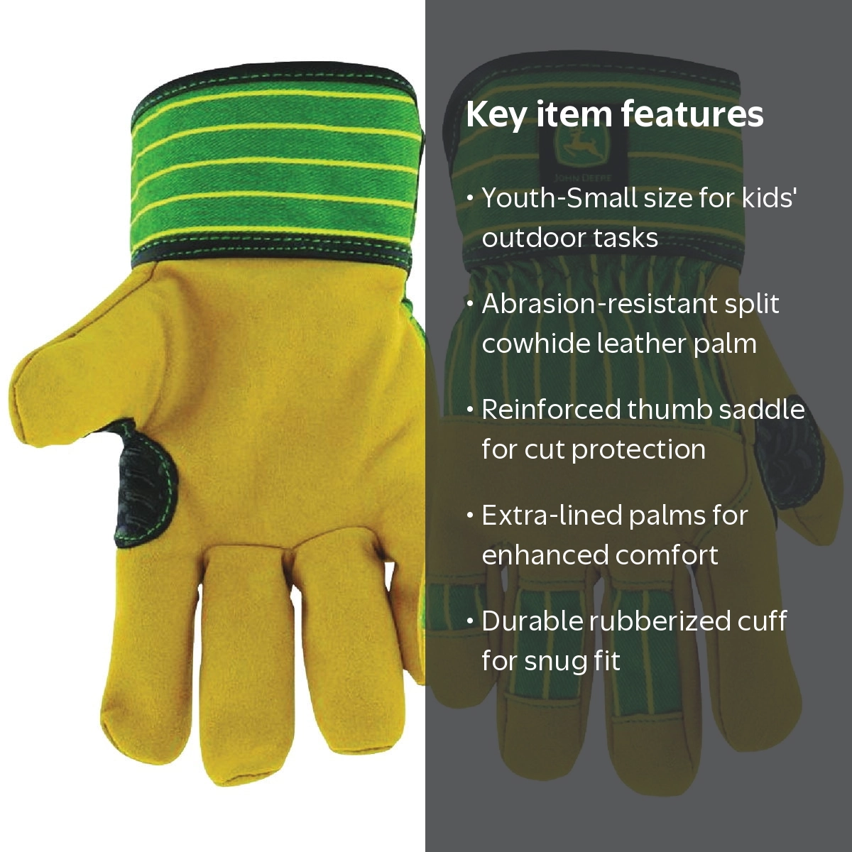 John Deere Youth Split Cowhide Leather Palm Gloves, Small