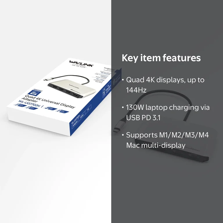 WAVLINK Quad HDMI USB Adapter, USB-C to Quad 4K HDMI Adapter with