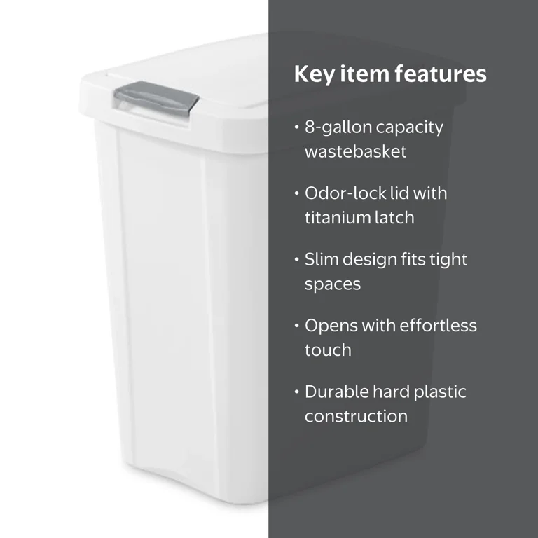 Sterilite 7.5 Gallon TouchTop Trash Can with Lid, White, Slim