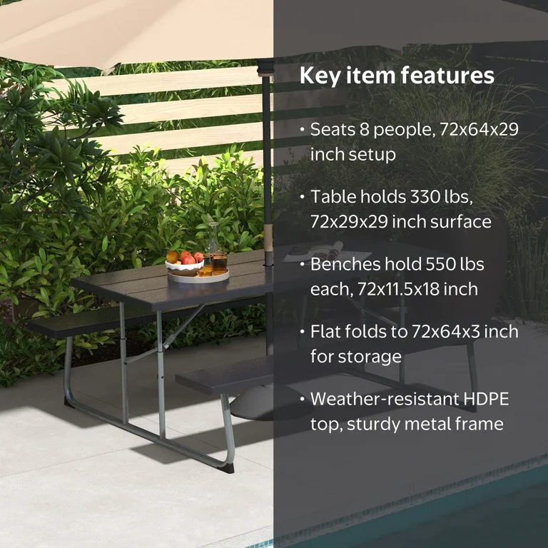 Costway Large Outdoor Folding Picnic Table Set, 72 in., Black