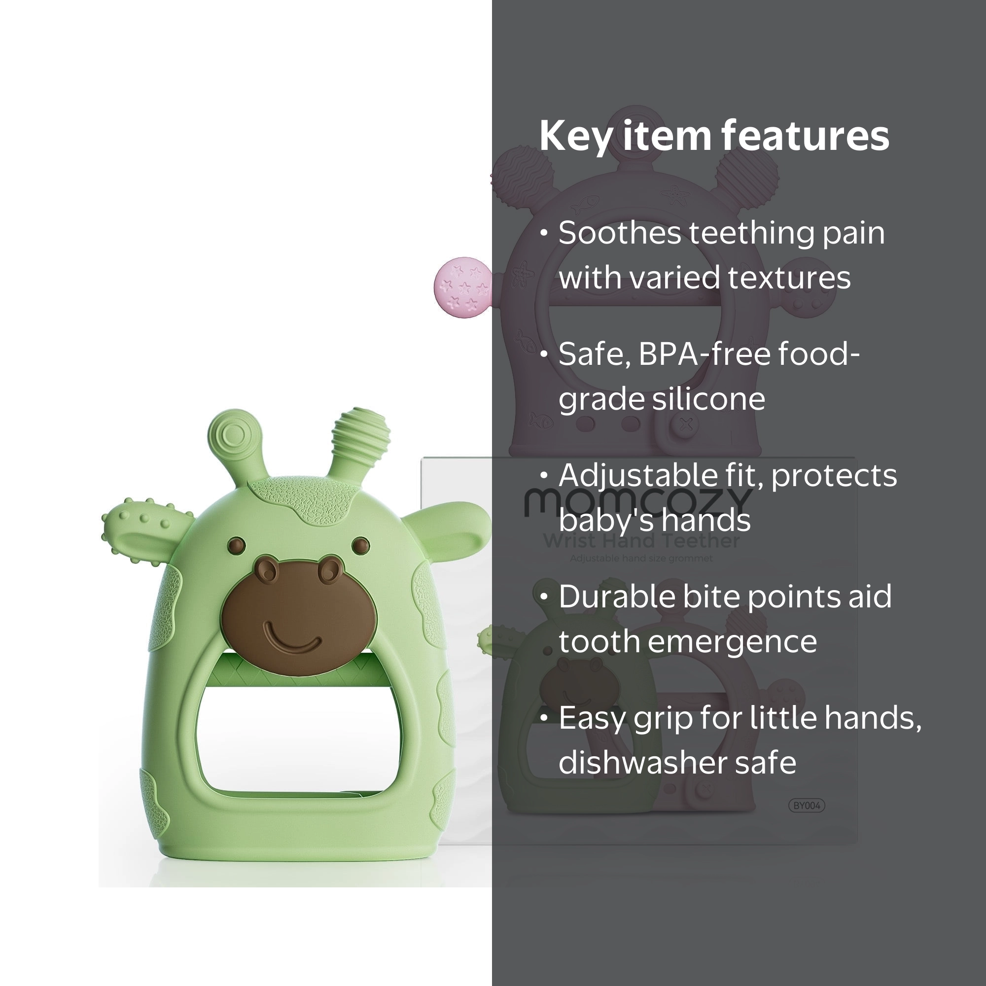 Momcozy, Silicone Baby Teether Diver & Giraffe, 2pk, Green & Pink