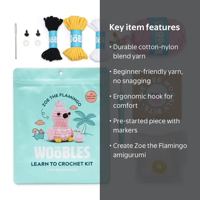 The Woobles Beginner Crochet Amigurumi Kit, Zoe the Flamingo