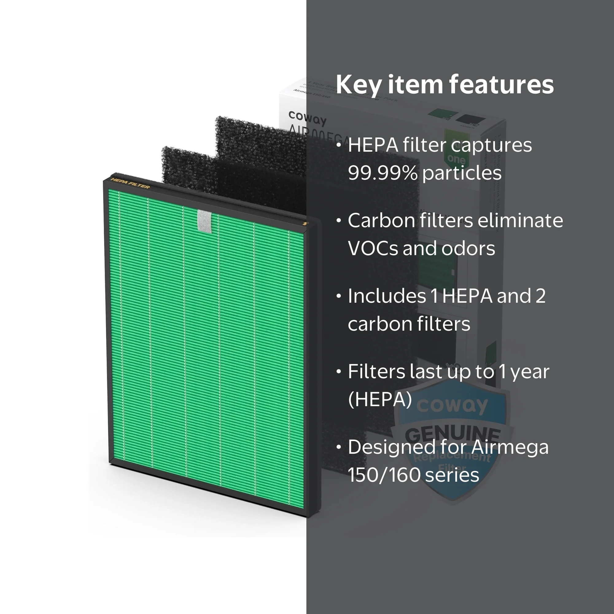 Coway Airmega 150 Filter Set, AP-1019C-FP, True HEPA & Carbon