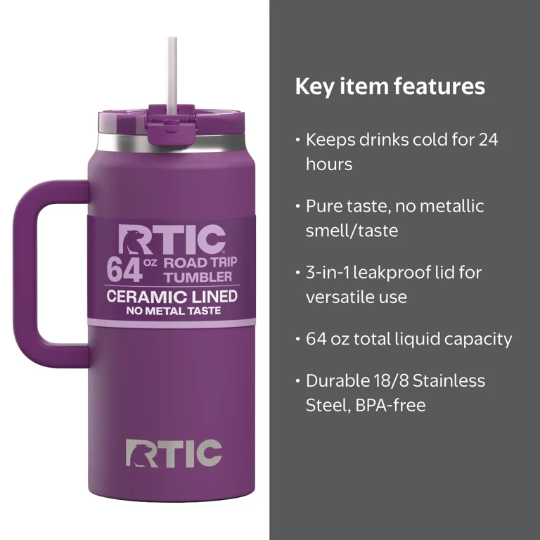 RTIC 64 oz Ceramic Lined Road Trip Tumbler with Handle and Leak