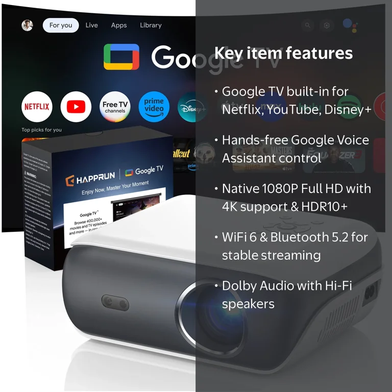 Free Shipping! HAPPRUN Smart Projector with Google TV 11.0 Dolby