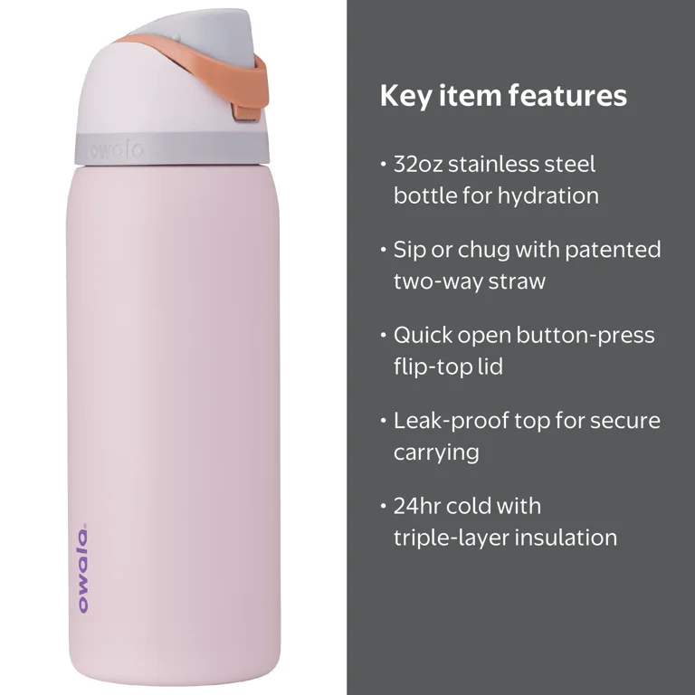 Owala FreeSip Stainless Steel Water Bottle, 32oz, Sugar Spice Pink