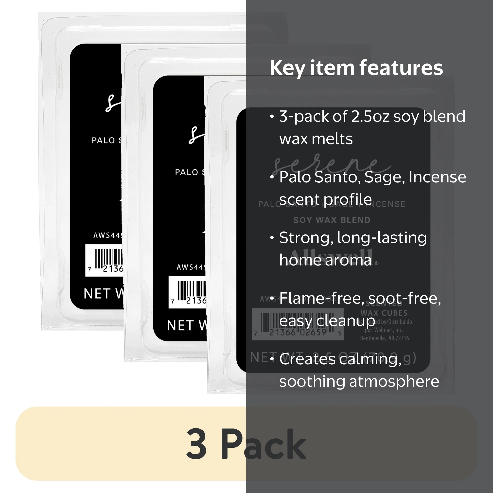 3 pack) Allswell 6 Cube Wax Melts, Serene (Palo Santo + Sage +