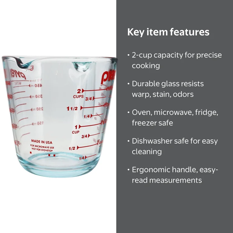 Pyrex 6001075 Microwavable Glass Measuring Cup, Precise 2 Cup