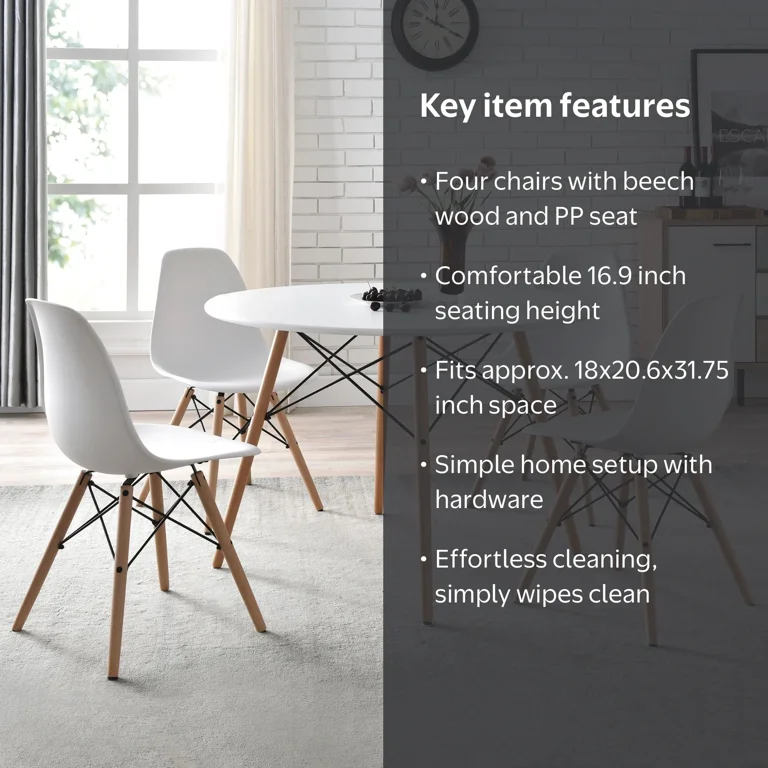 Mainstays Mid-Century Modern Dining Chair, Set of 4, White and