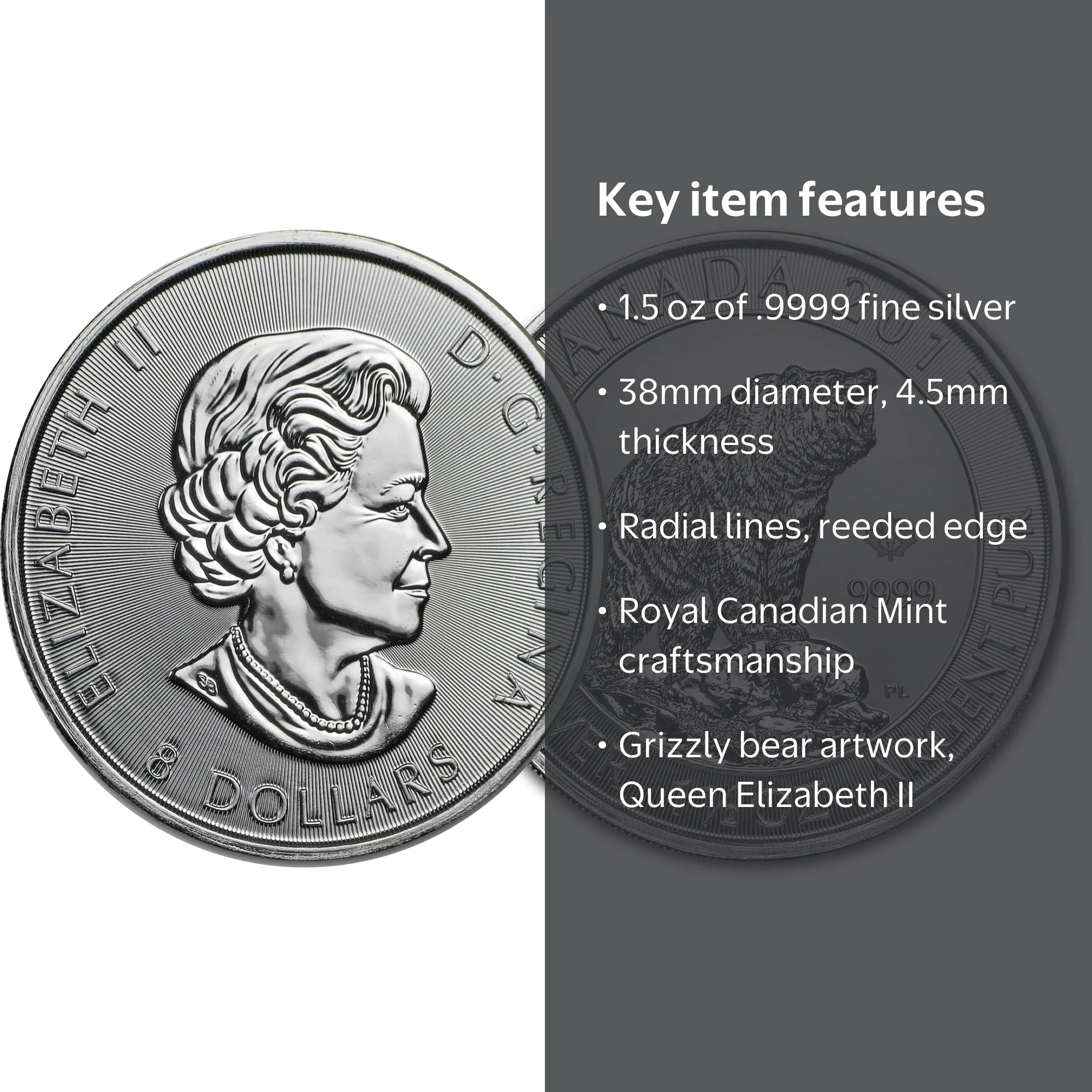 Canadian Mint 1.5 Oz Silver Grizzly Bear Bullion Coin, 38 mm, 2017