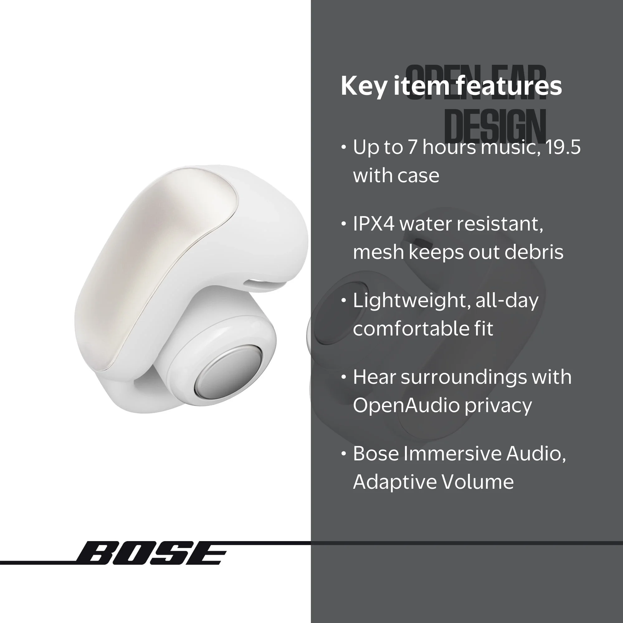 Bose Ultra Open Earbuds, Open Ear Wireless Earbuds, Diamond White