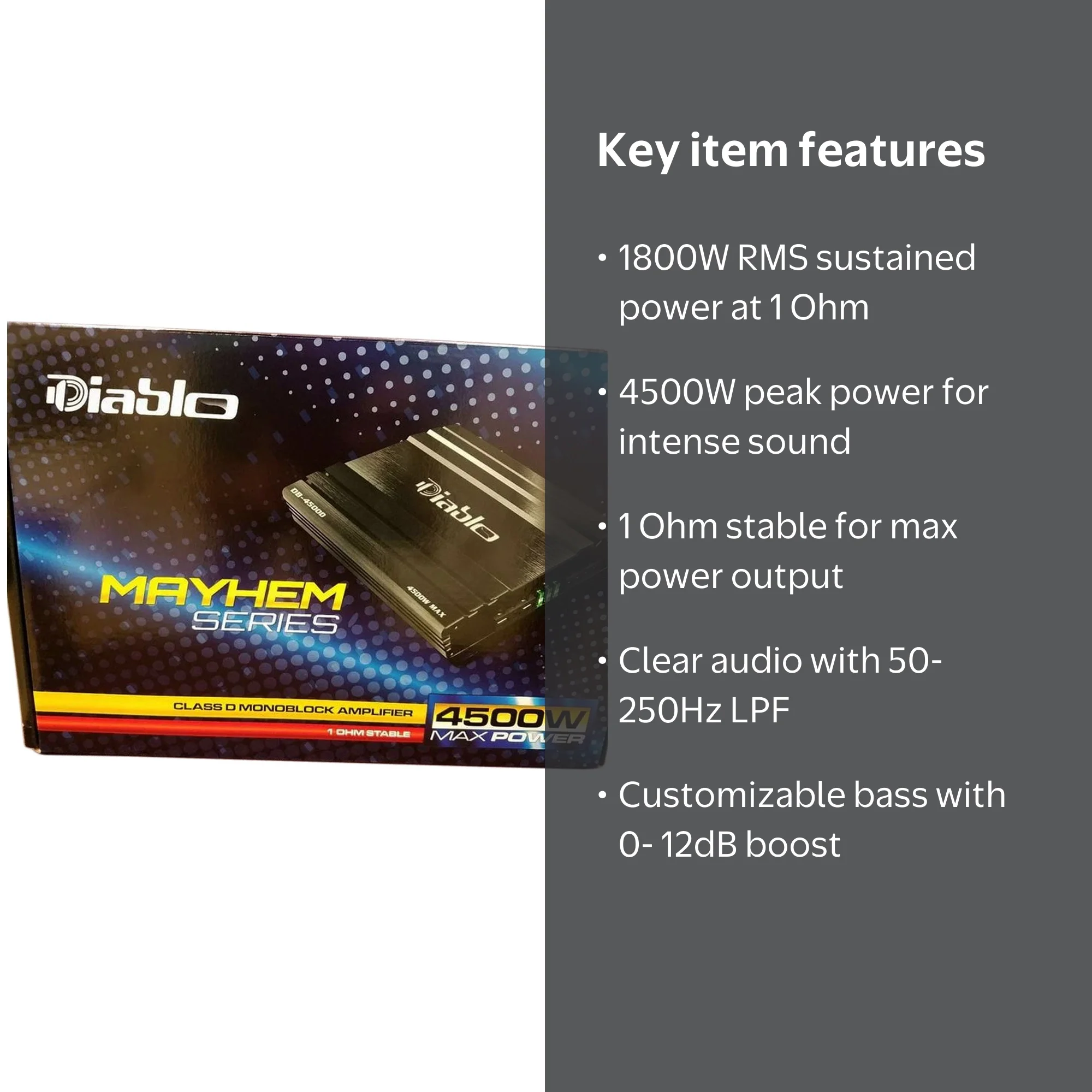 Diablo DB-4500D Mayhem Series: 4500W Max, Mono Amp, Class-D, 1-Ohm