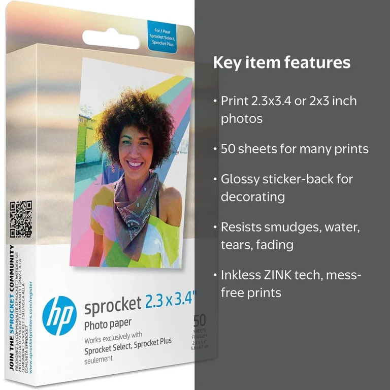 HP, Sprocket 2.3 x 3.4 inch ZINK Photo Paper, 50 Sheets - Walmart.com