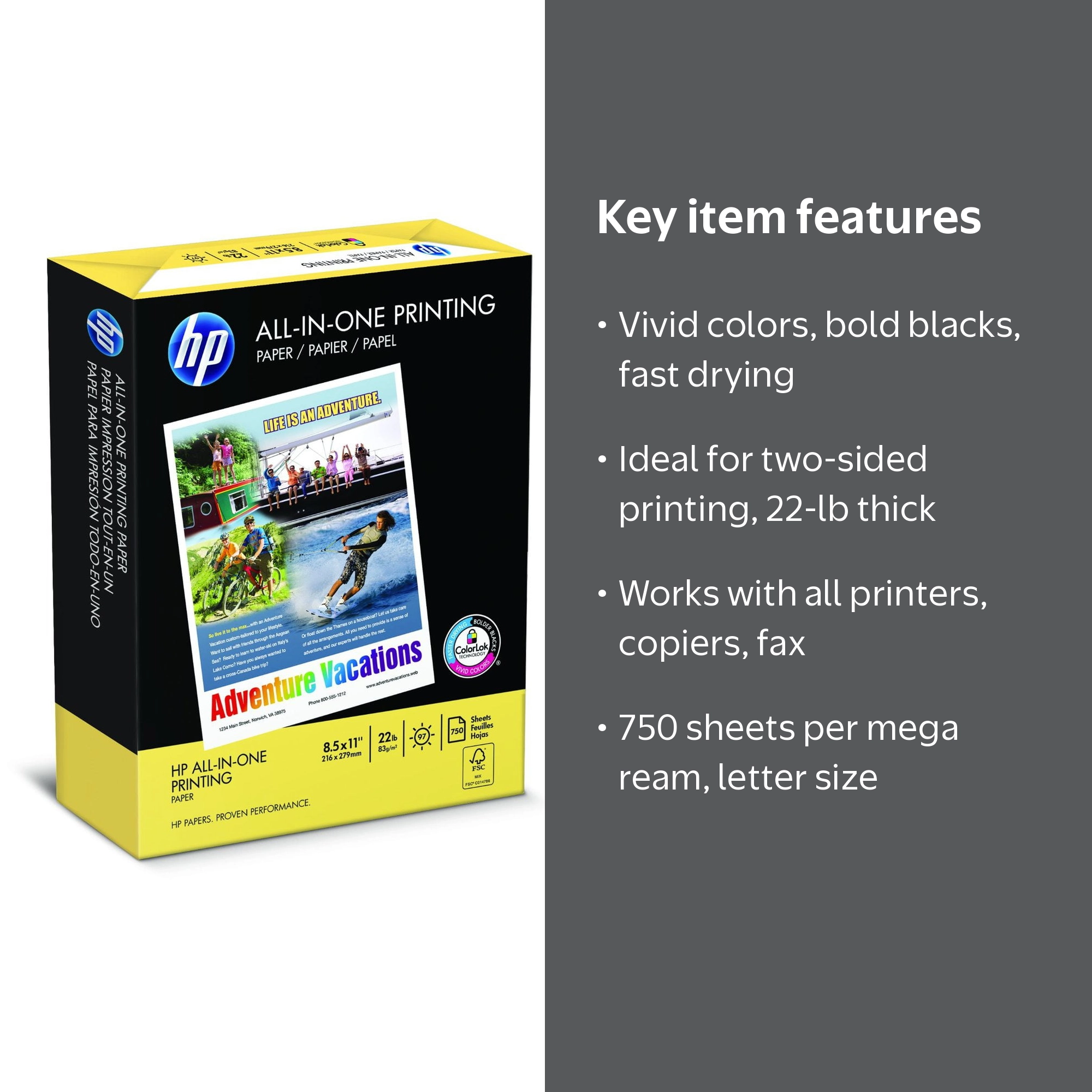 HP All-in-One 22 Copy Paper, 8.5x11, 96 Bright, 750 Mega Ream