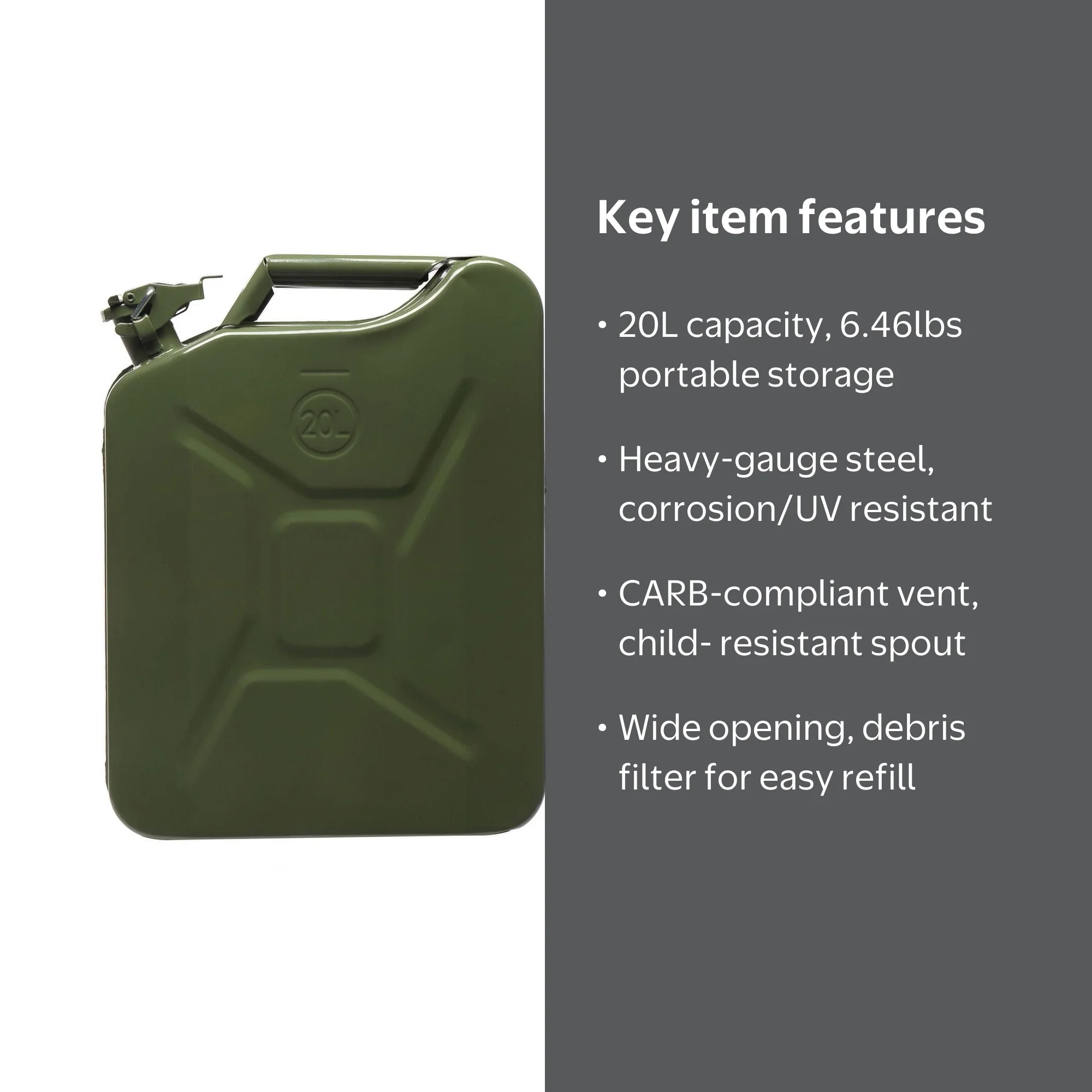 20L Portable Fuel Storage Can - Army Green American Jerry Can for