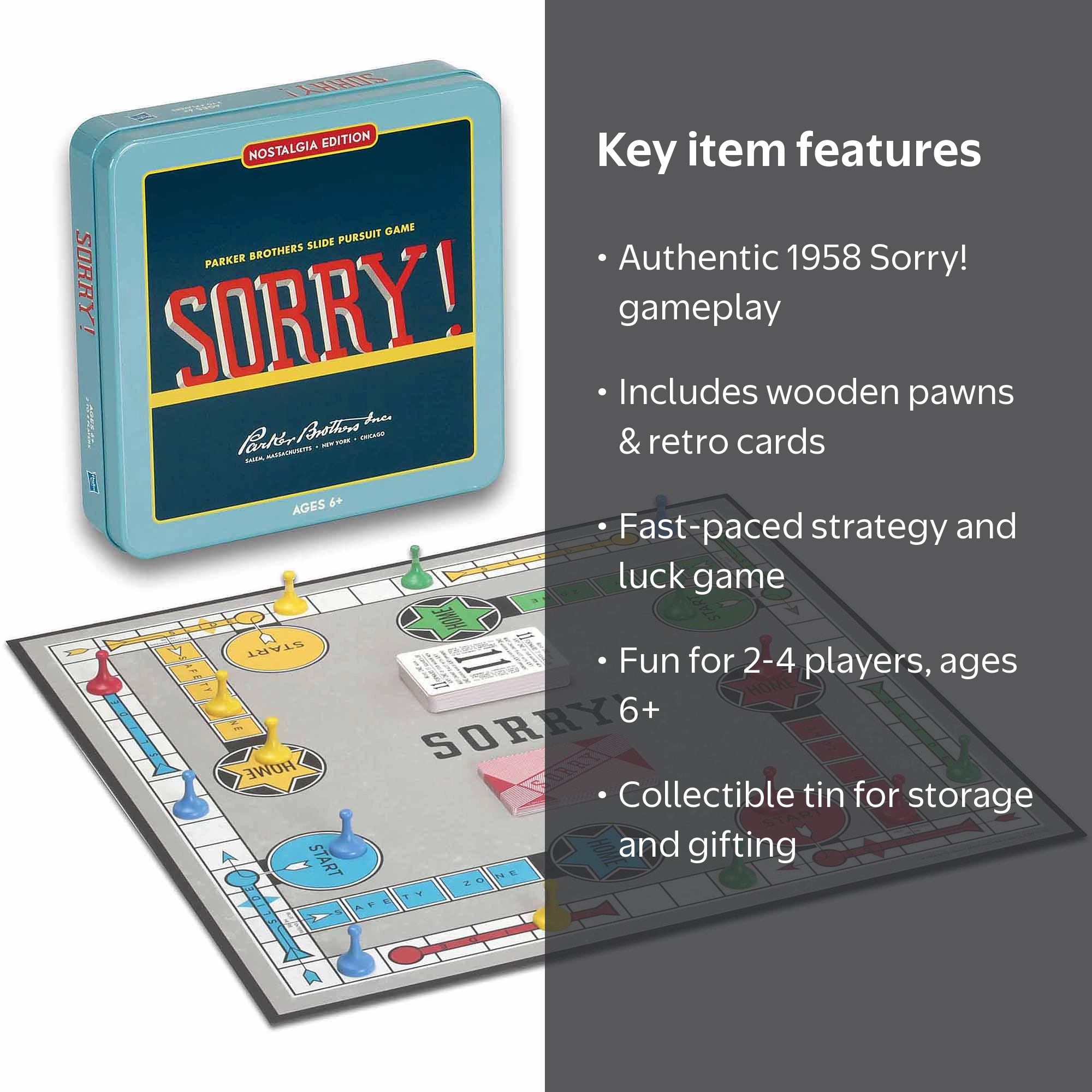 Hasbro, Sorry! Nostalgia Edition Game Tin, 1958 Vintage Design