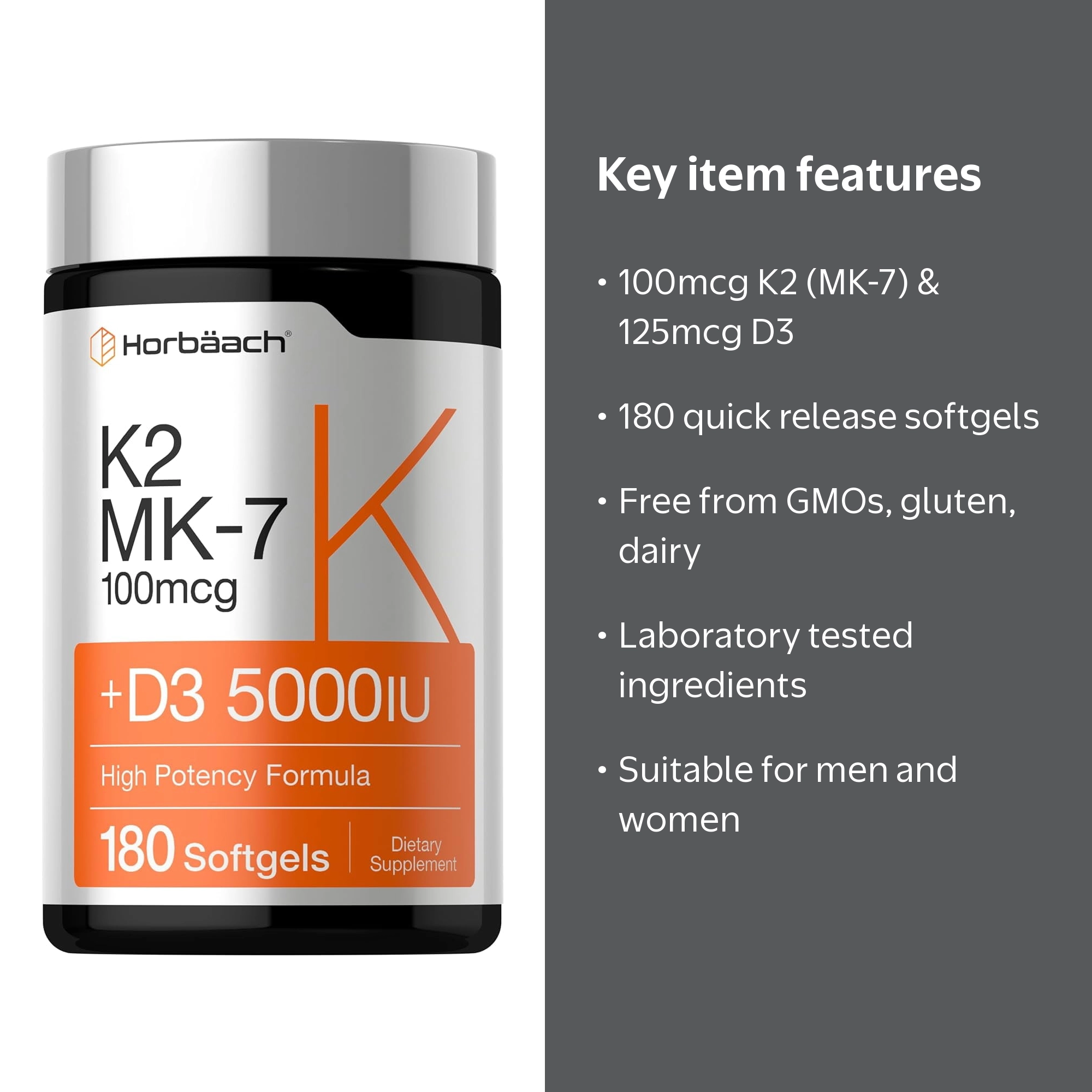 Horbaach Vitamin K2 D3 Softgel Capsules, 180 Count, Calcium