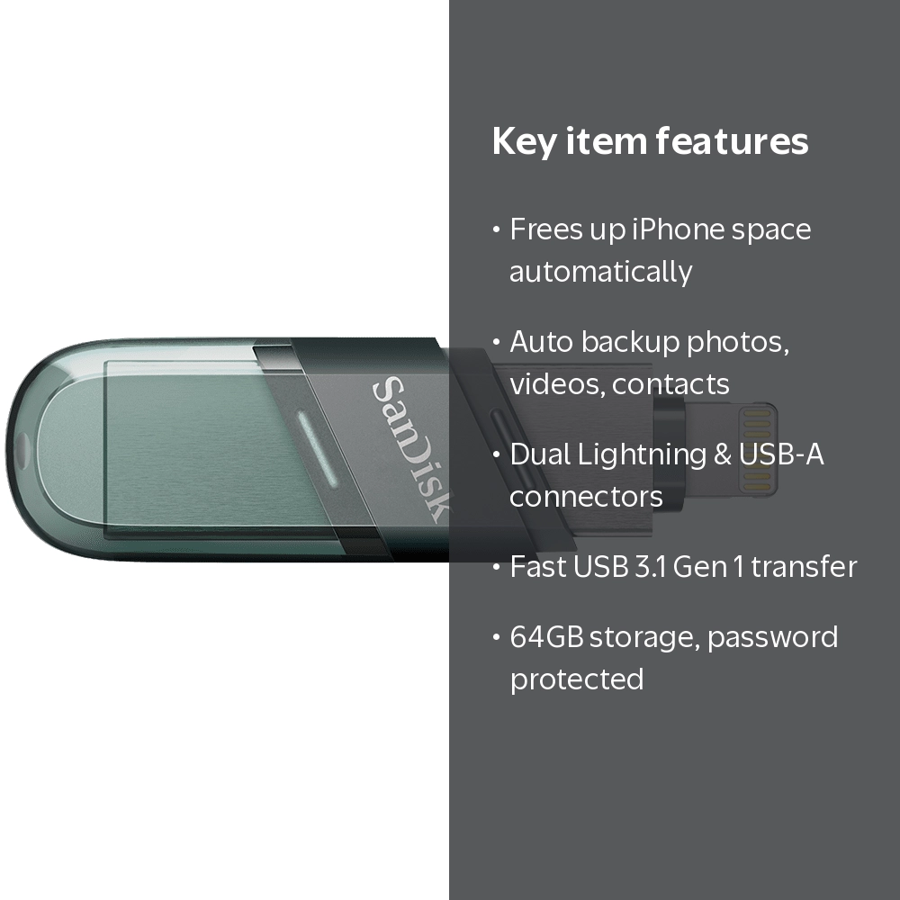 SanDisk, Flash Drive, SDIX90N-064G-AW6NN, 64GB iXpand Flip