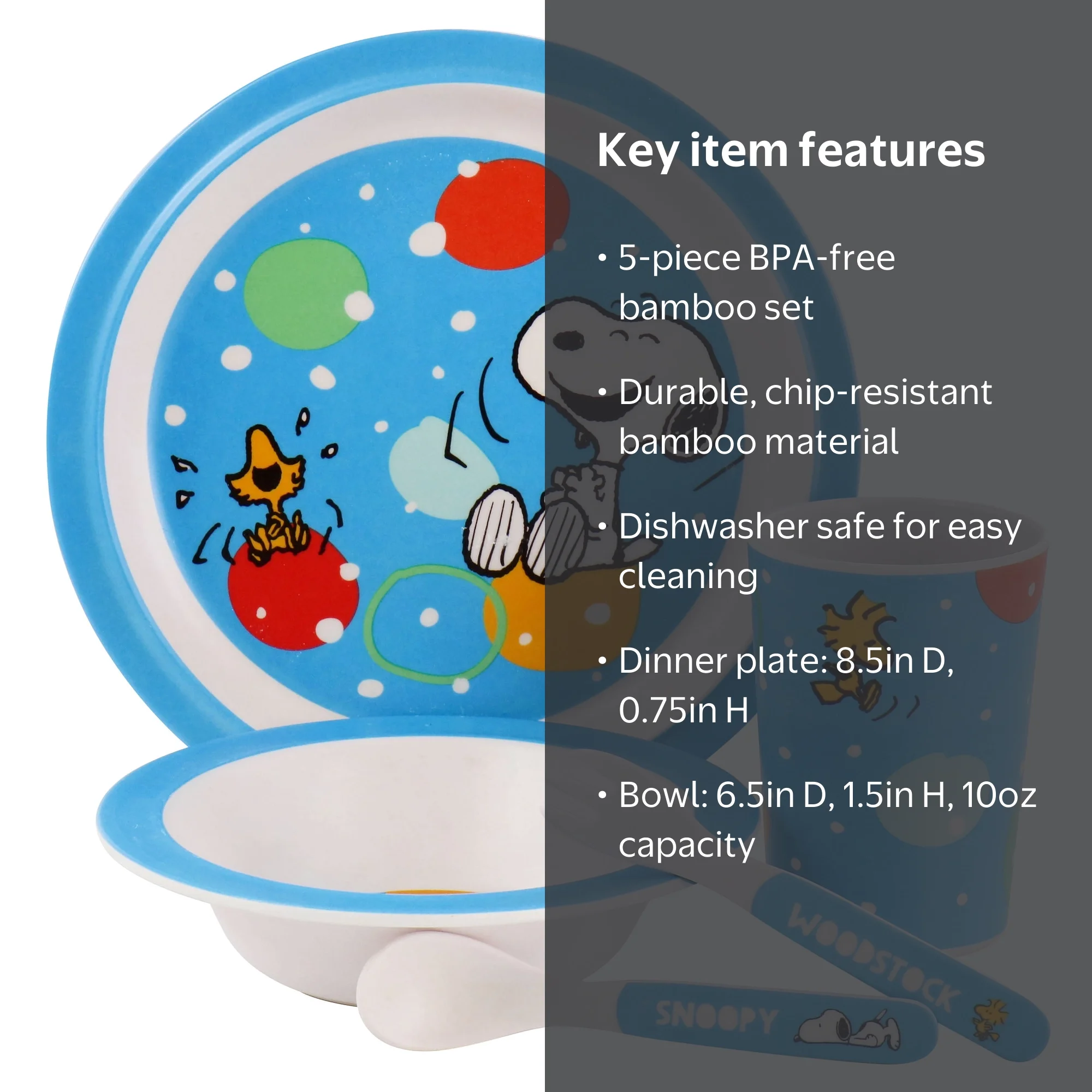 Peanuts Fun Times 5 Piece Kid's Bamboo Melamine Dinnerware Set in
