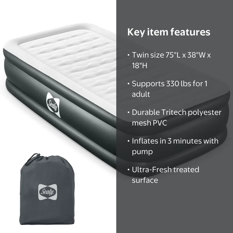 Sealy, Inflatable Mattress, 94053E-BW, Twin 18 Inch with Pump