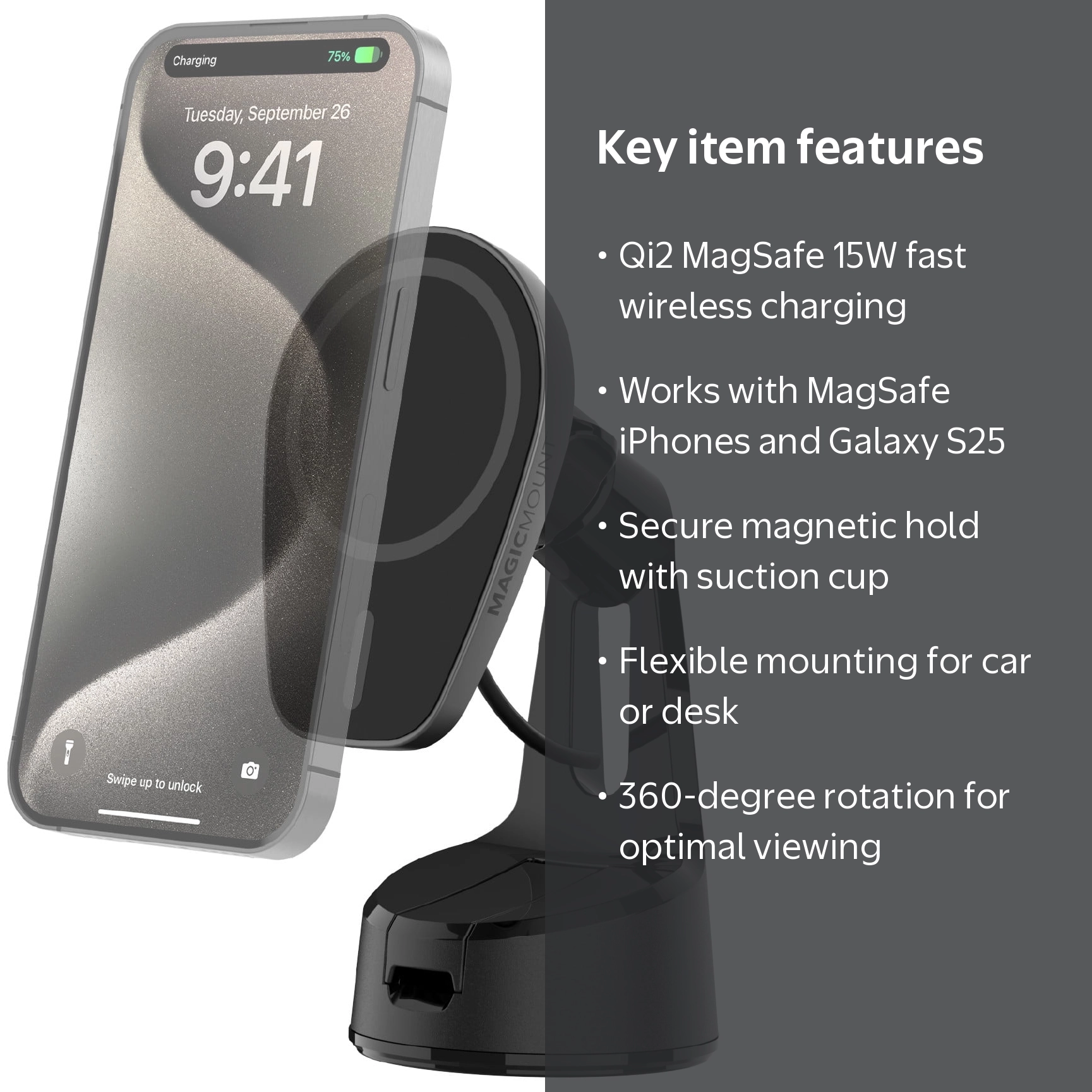 Scosche, Charge Pro Qi2 MagSafe Car Mount, 15W Fast Wireless