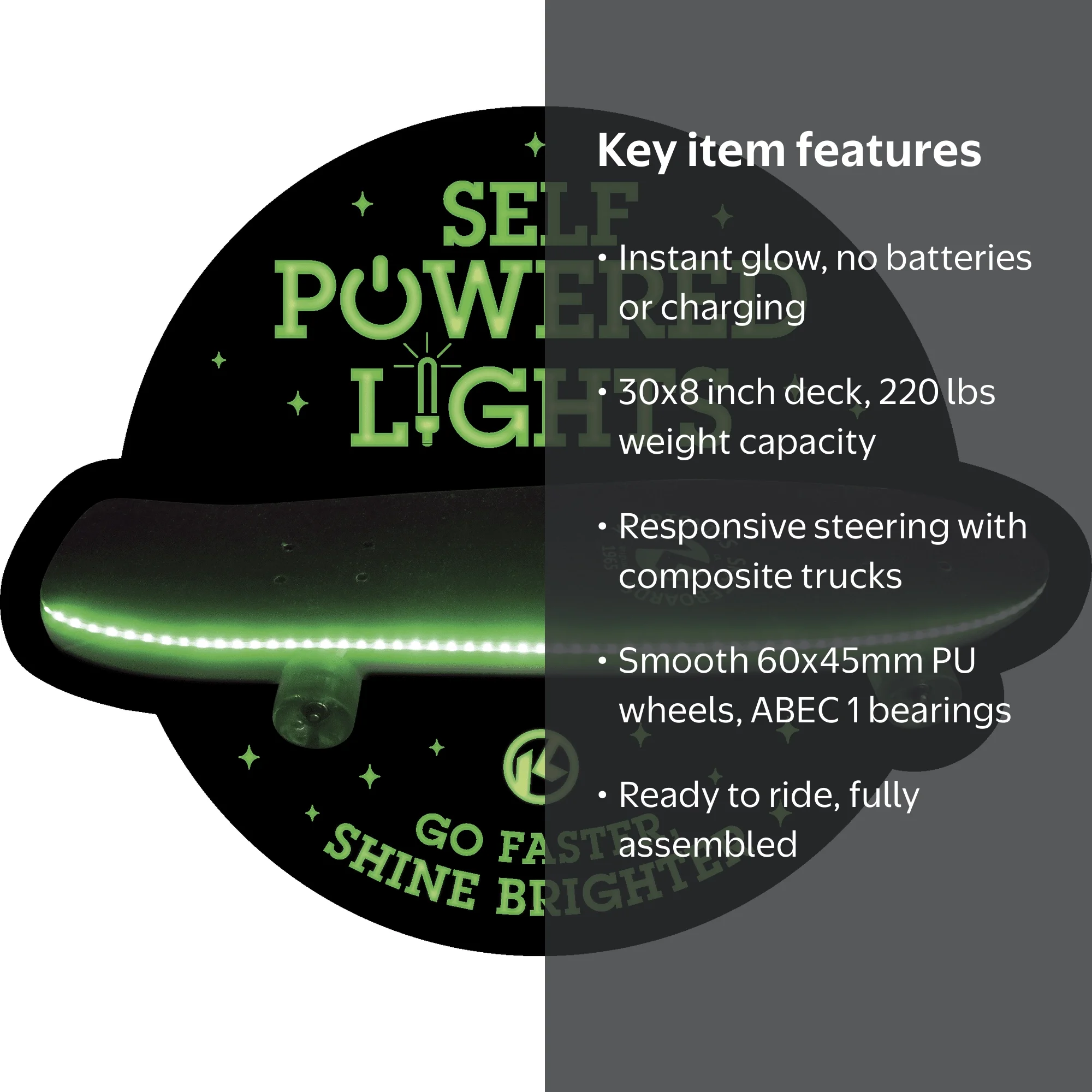 Kryptonics 30 inch Self Powered LED Deck, NO Batteries Required