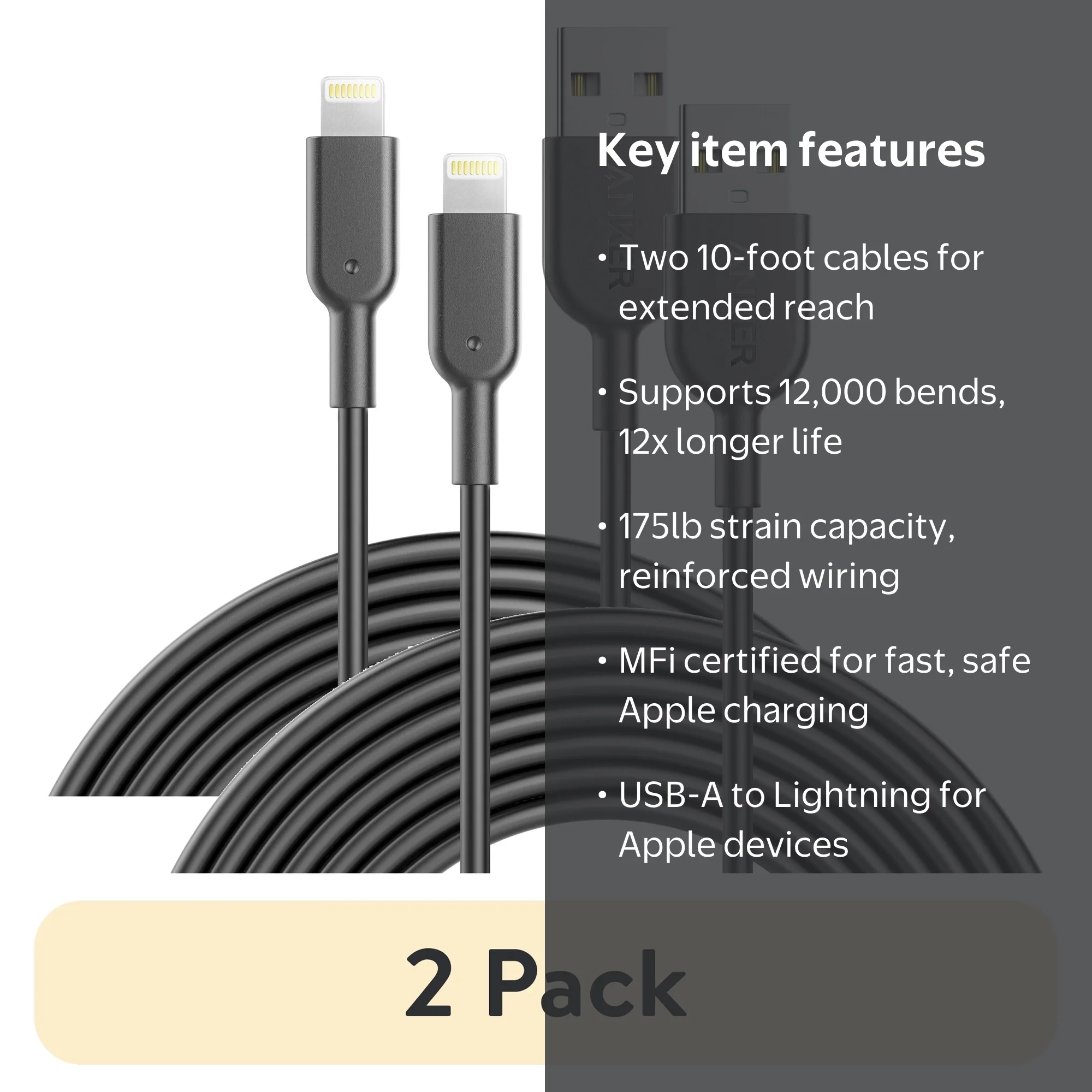 Anker Powerline II Lightning Cable, 2pk, 10ft, Gray, TPE - Walmart.com