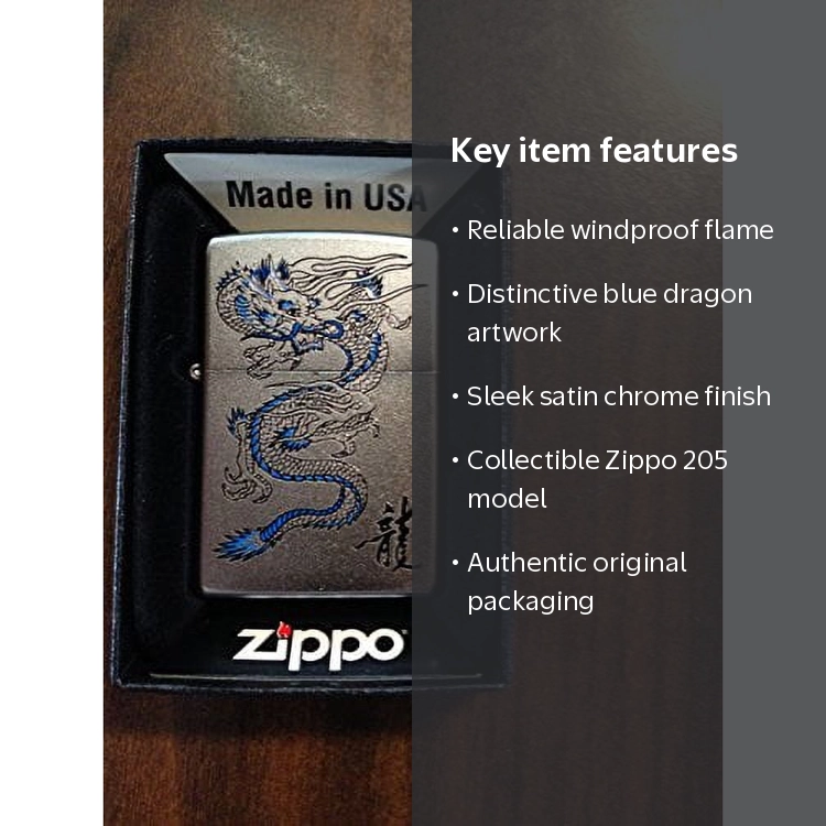 Zippo, Blue Dragon windproof pocket lighter, Satin Chrome finish