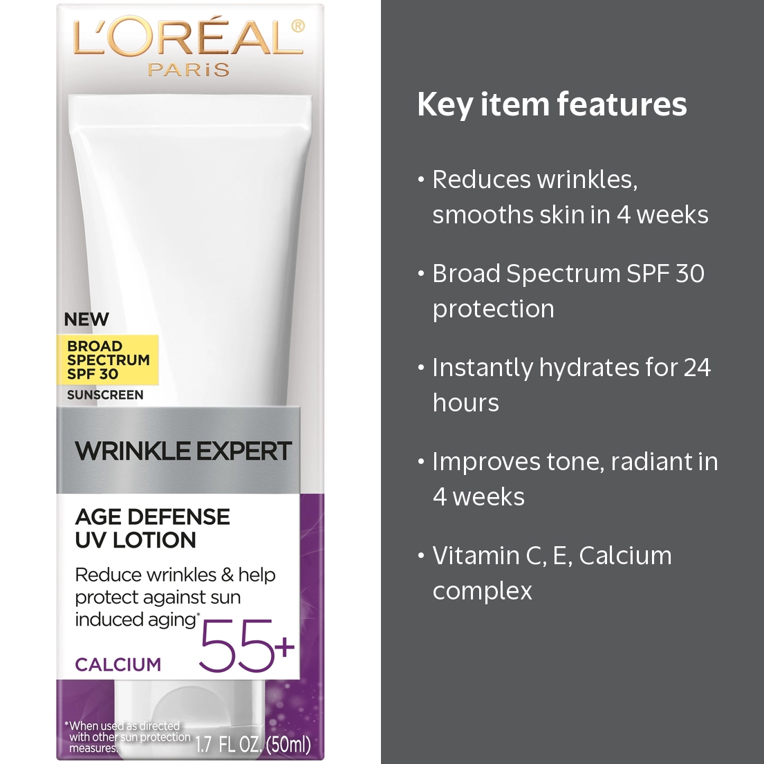 L'Oreal Paris Wrinkle Expert Age Defense UV Lotion, SPF 30, Anti