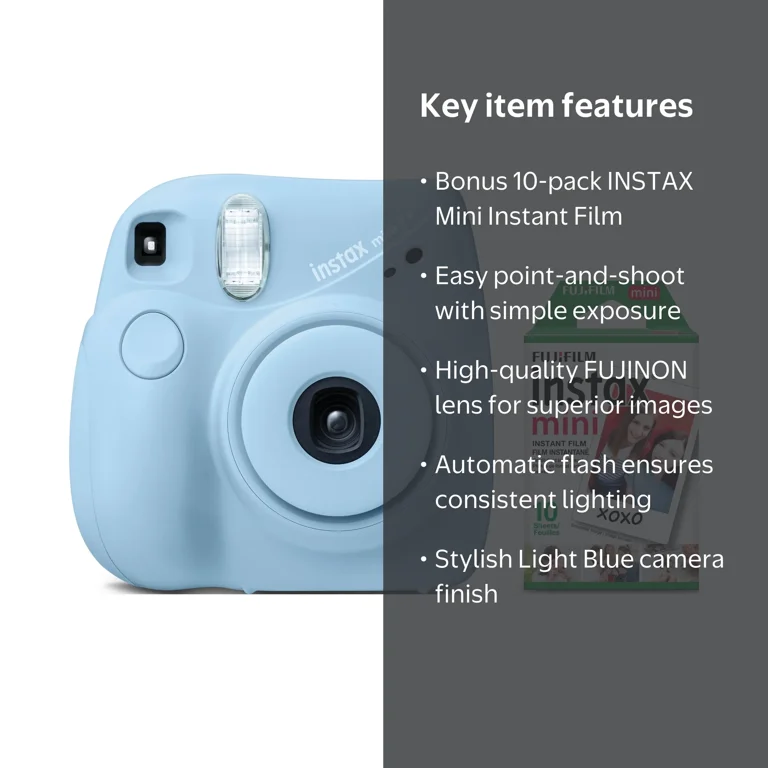 Fujifilm INSTAX Mini 7+ Instant Camera, Light Blue, Blister Bundle