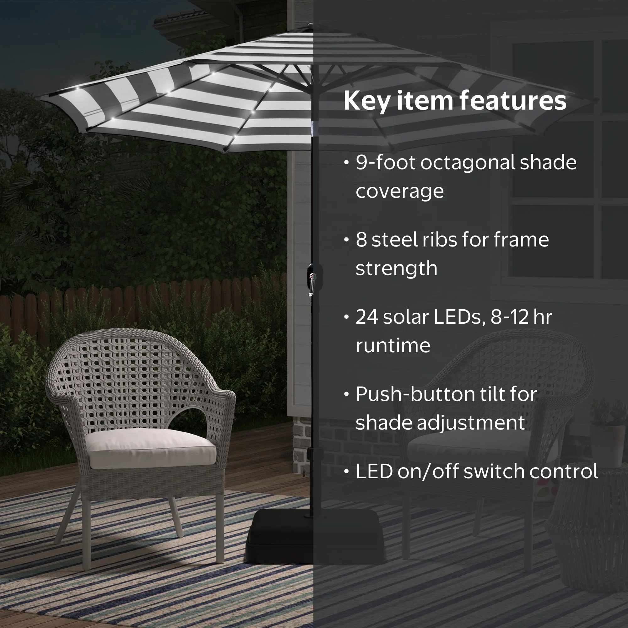 black patio umbrella with lights Abble 9' Black and White Striped Octagon Lighted Patio Umbrella, LED Lights