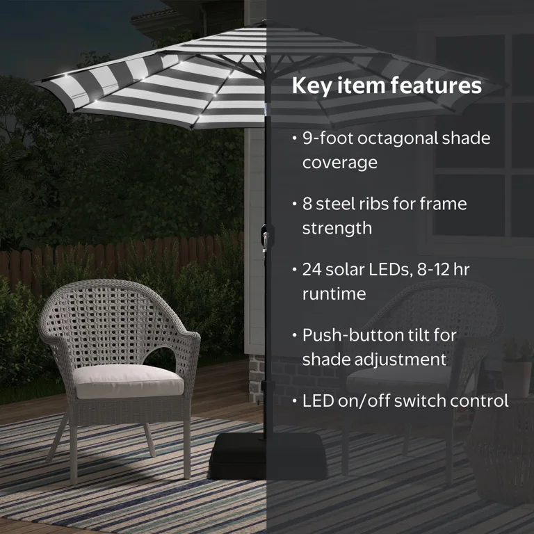 9 ft jordan led patio umbrella Solar Lights for 9-10ft 8-Rib Remote Control This umbrella has a round solar panel at the top Canopy 9