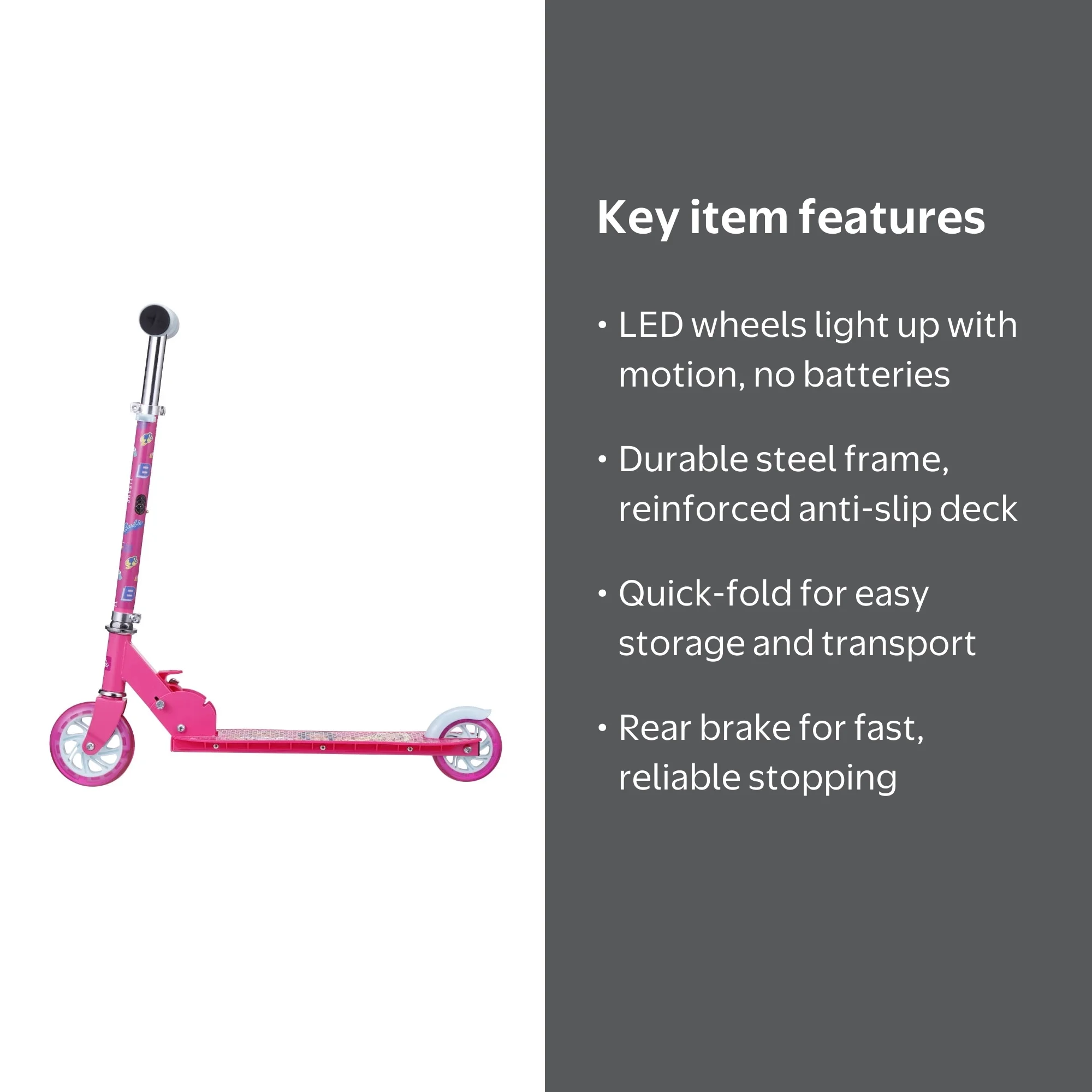 Barbie 2-Wheel Light-Up Kick Scooter for Kids, Pink, Foldable