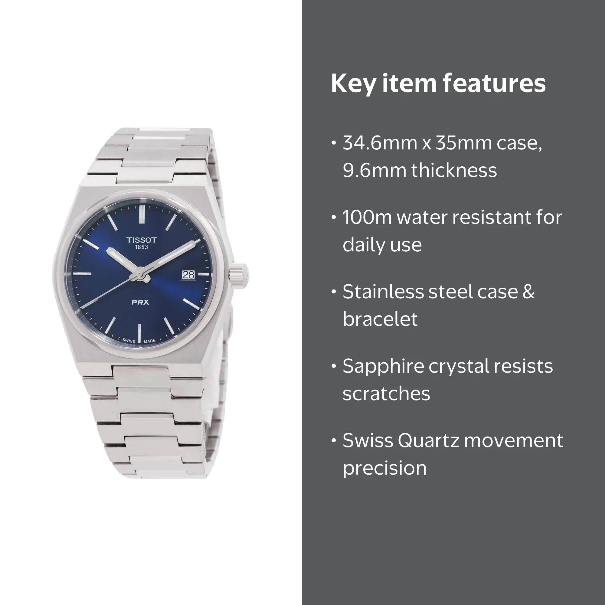 Tissot Women's PRX 1853 Swiss Watch, 35mm, Blue Dial