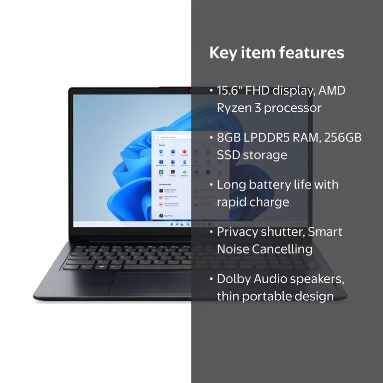 Lenovo IdeaPad 1 15.6 inch Windows Laptop, AMD Ryzen 3-7320U, 8GB