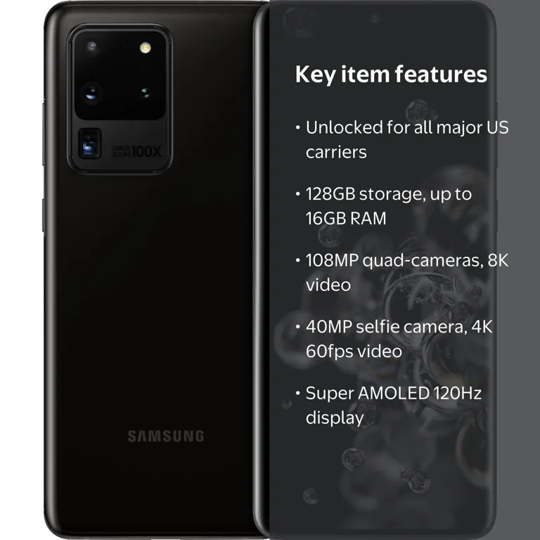 Samsung Galaxy S20 Ultra 5G, Unlocked 128GB, Cosmic Black, GSM