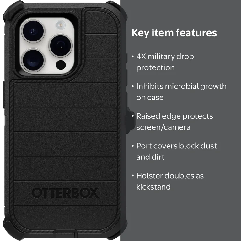 OtterBox Defender Series Pro Case, iPhone 15 Pro, Black, Silicone