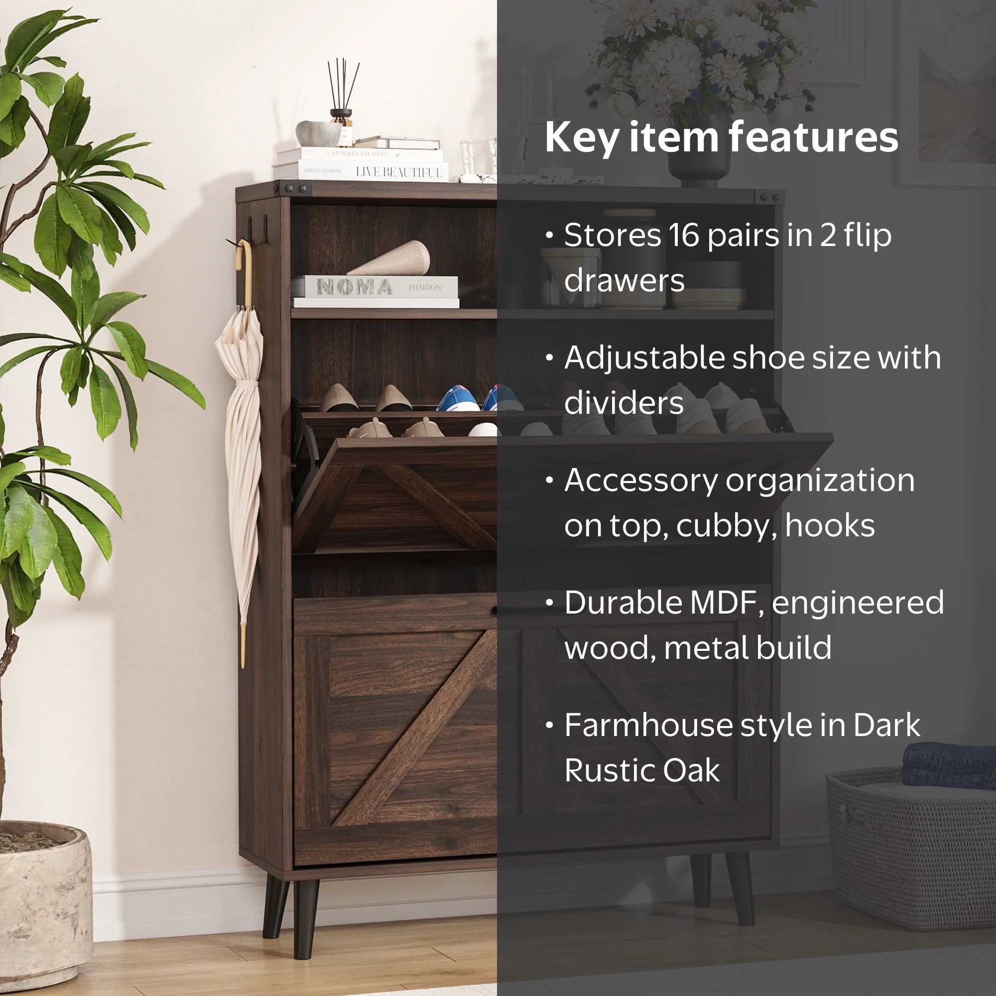 Veanerwood Entryway Wooden Shoe Storage Cabinet, Freestanding Flip