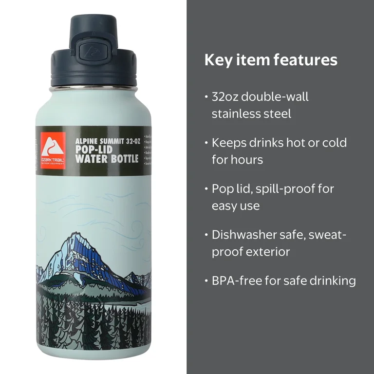 Ozark Trail 32 oz Stainless Steel Insulated Pop Lid Water Bottle