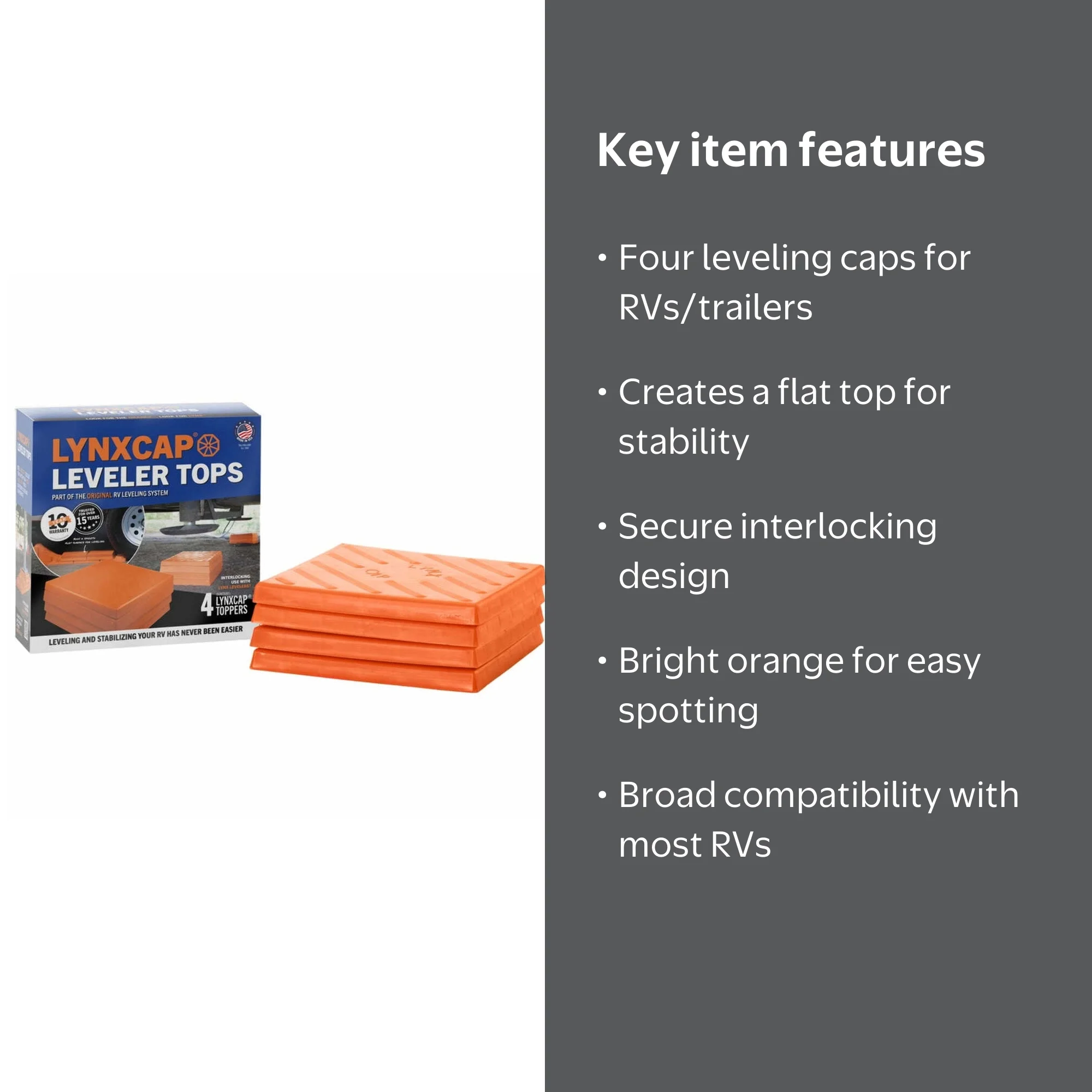 Lynx, Cap Leveling Tops for RV's, 00019, Orange Plastic 4 pack