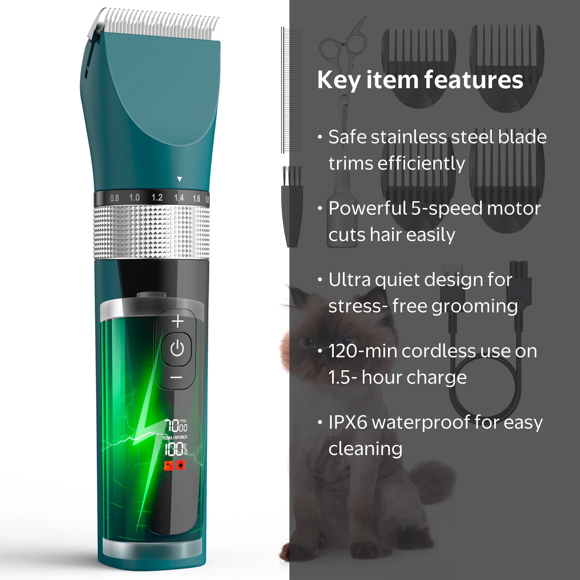 Oneisall, Cat Grooming Clippers, 5-Speed, Rechargeable, Waterproof