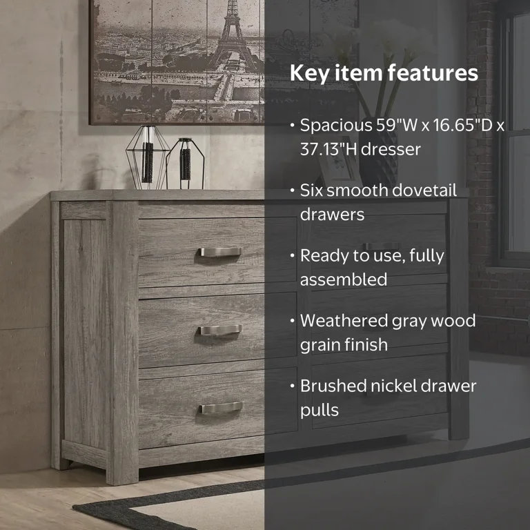 Roundhill Furniture Floren Contemporary Weathered Gray Wood 6-Drawer Dresser