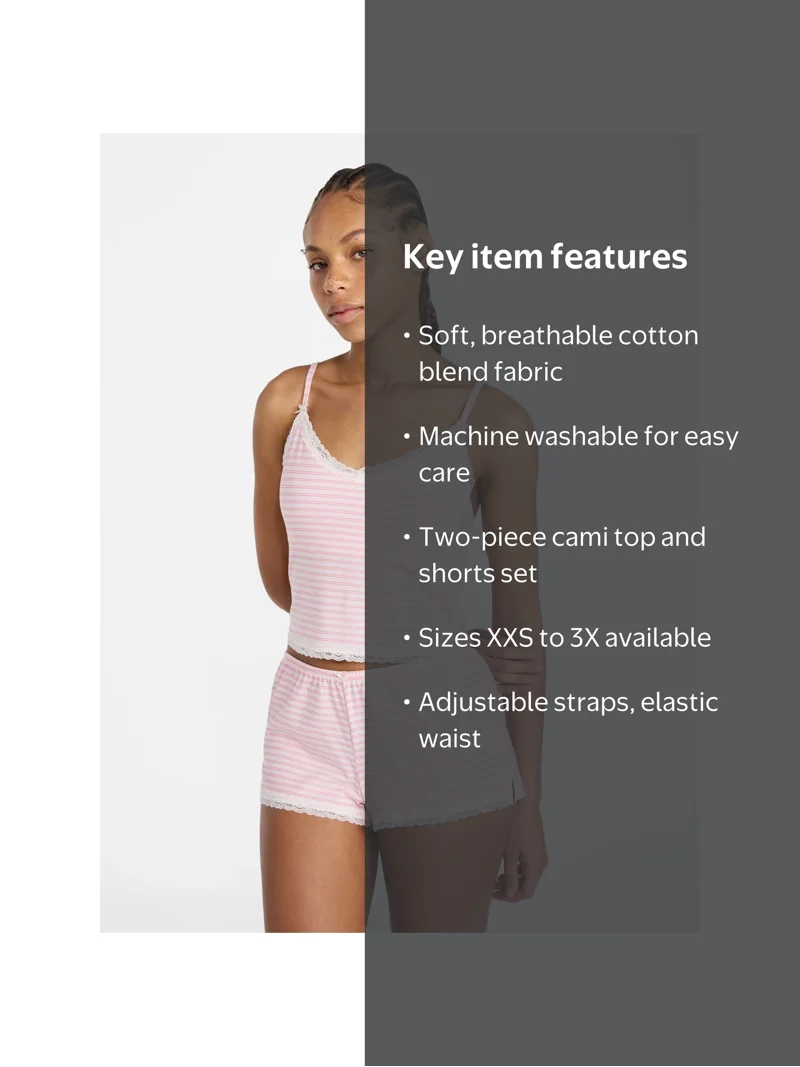 No Boundaries Lace Cami and Shorts Sleep Set, 2-Piece, Women's XXS