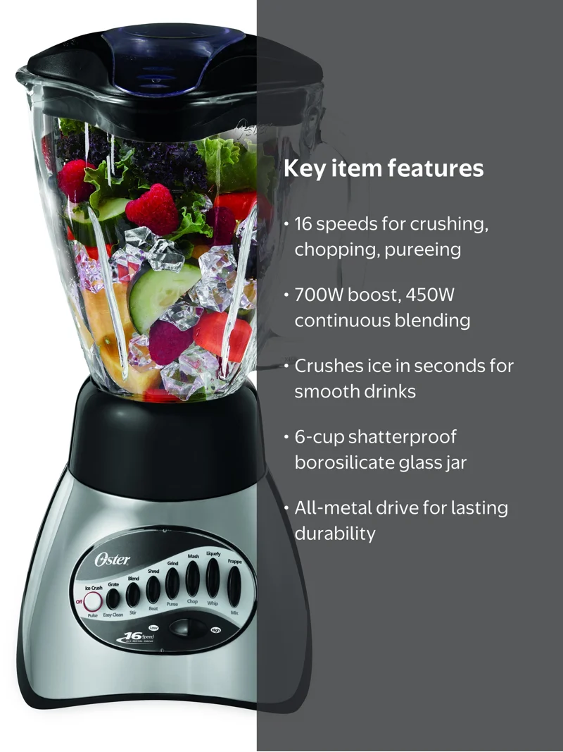 Oster Precise Blend 200 16-Speed Kitchen Blender, 6-Cup Glass Jar