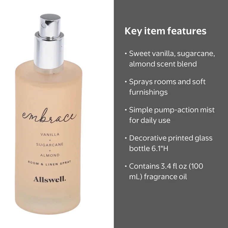 Allswell Embrace Vanilla Sugarcane Almond Scented Room Linen Spray Allswell Embrace Vanilla Sugarcane Almond Scented Room Linen Spray