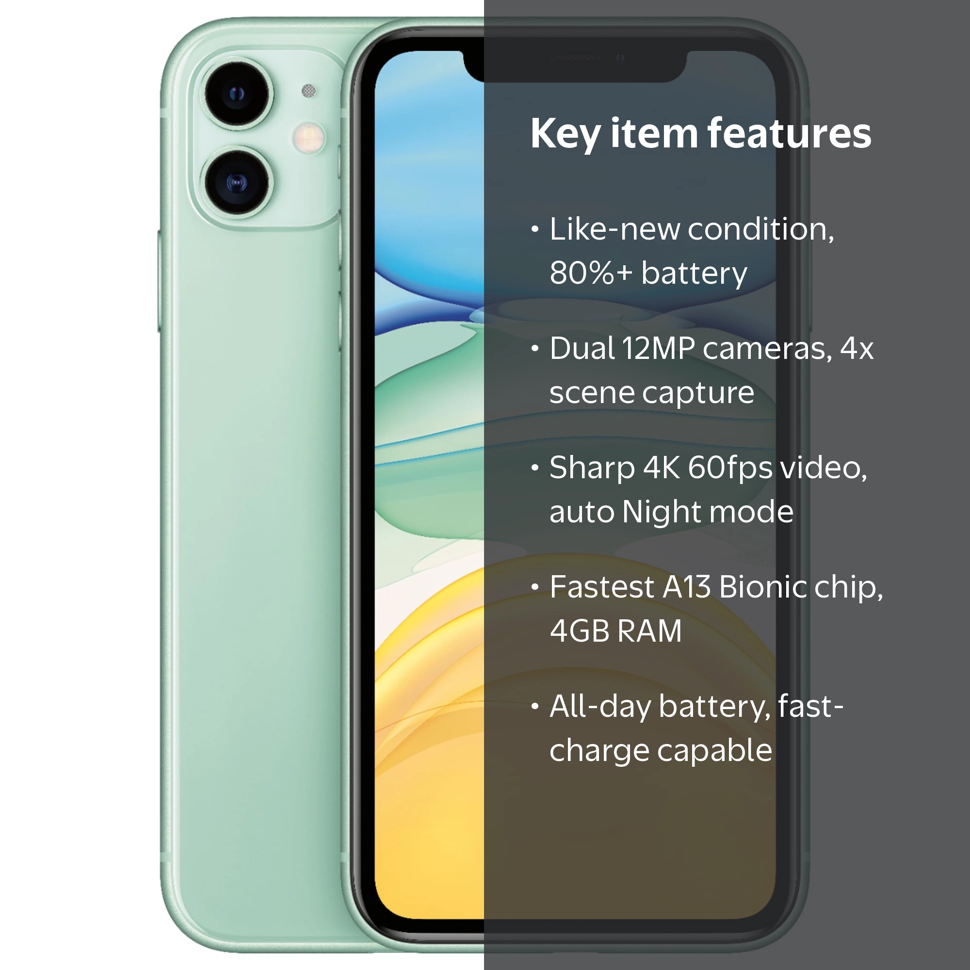 Apple iPhone 11, Fully Unlocked, 64 GB, Green, Refurbished