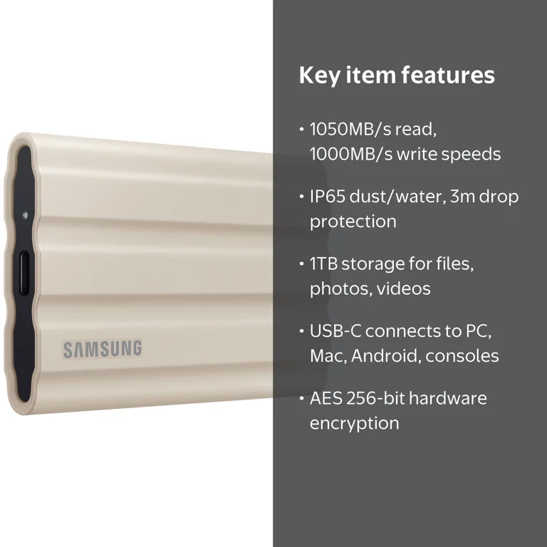 Samsung, External SSD, 1TB T7 Shield, Rugged Durable & Water