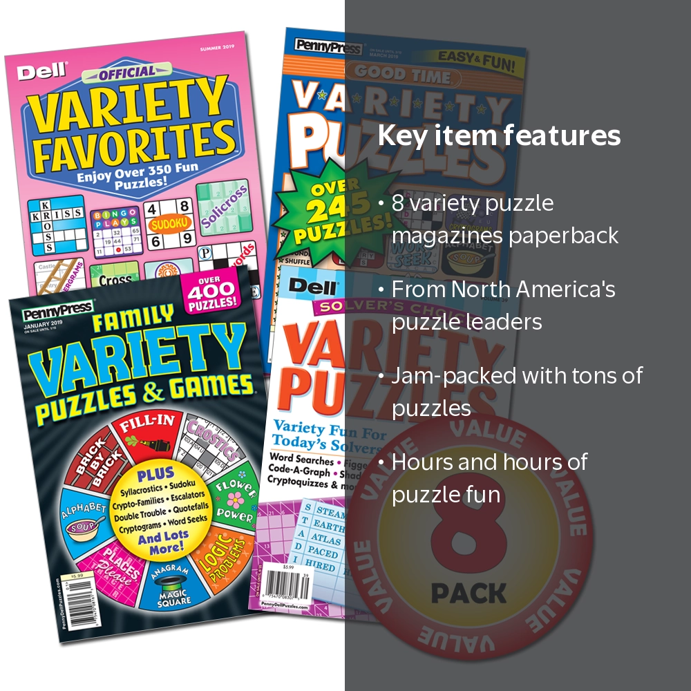 Penny Press Dell Variety 8-Pack, Paperback Puzzle Magazines with