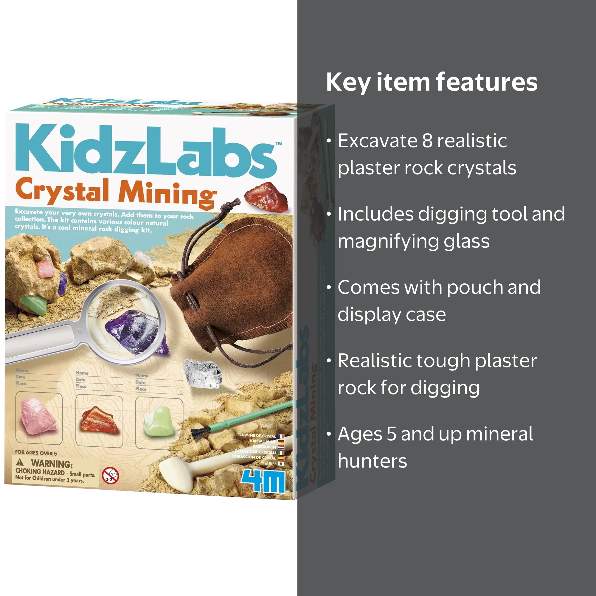 4M, KidzLabs Crystal Mining Kit, includes 8 crystals, dig for