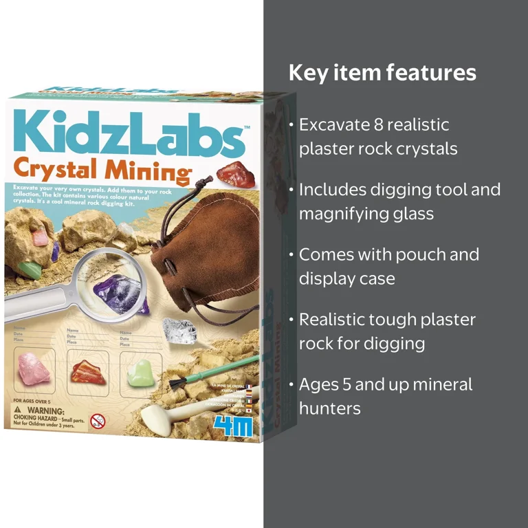4M, KidzLabs Crystal Mining Kit, includes 8 crystals, dig for
